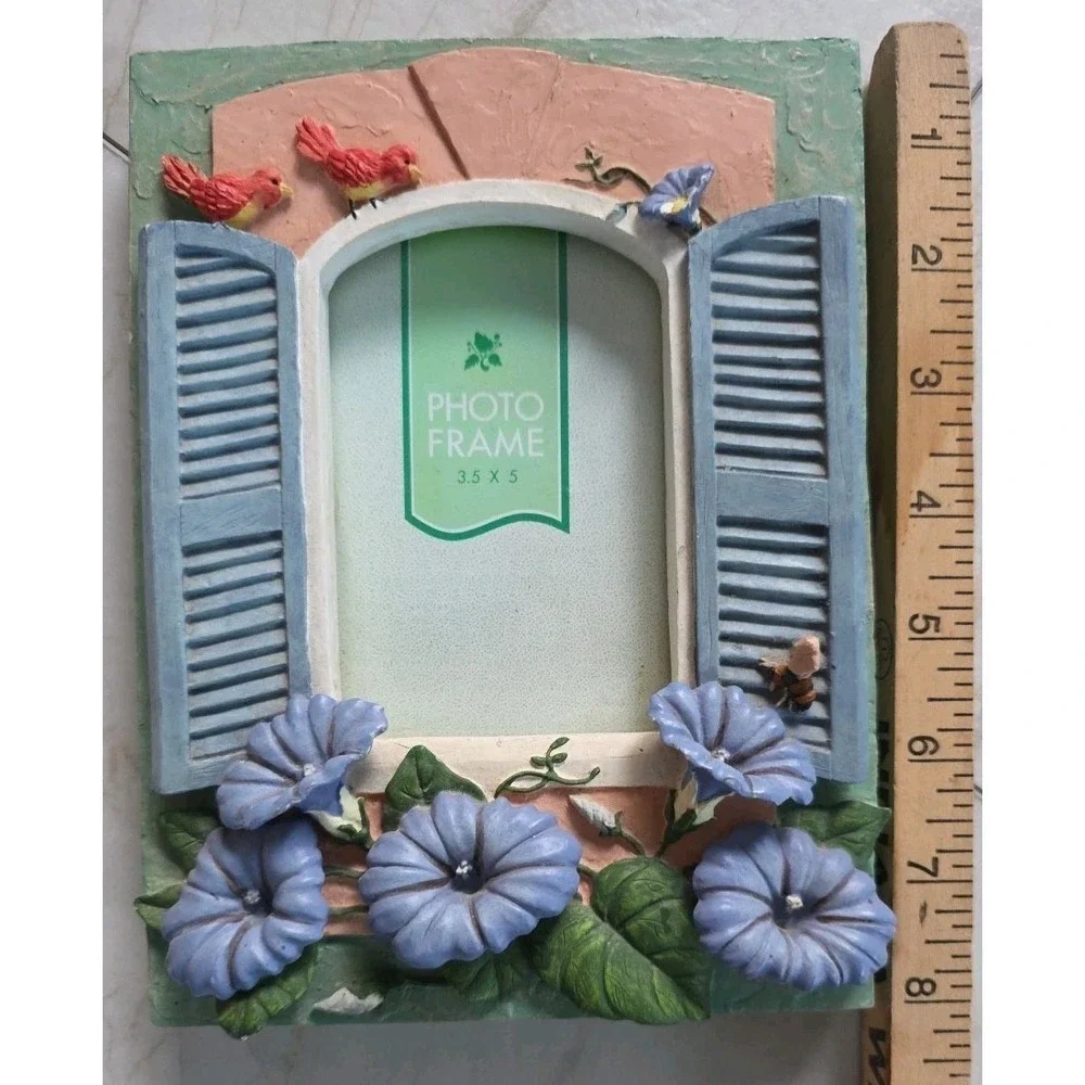 Vintage Cottagecore Floral Photo Frame Birds Bee Blue Shutters 3.5x5 Shabby Chic
